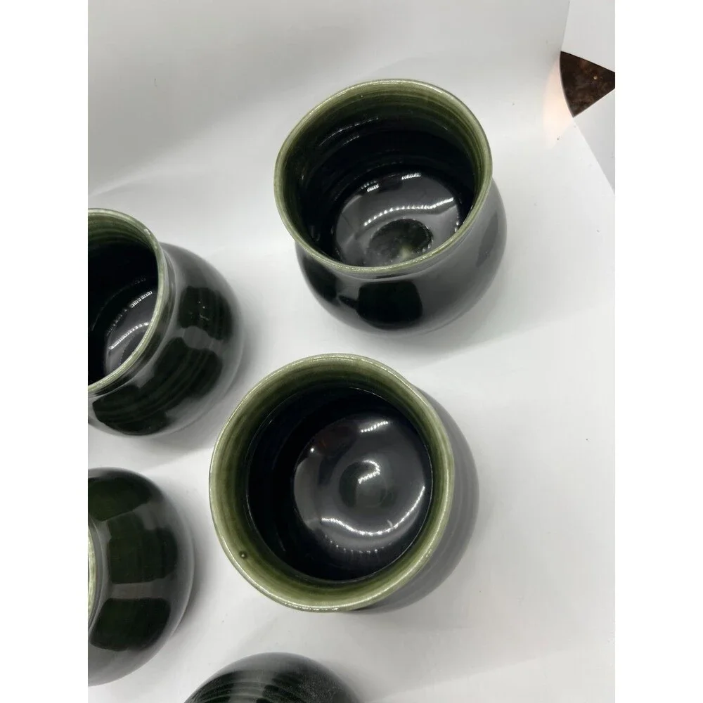 6 Art Pottery Glazed Stoneware Small Drinking Cups Set BB signed green whiskey